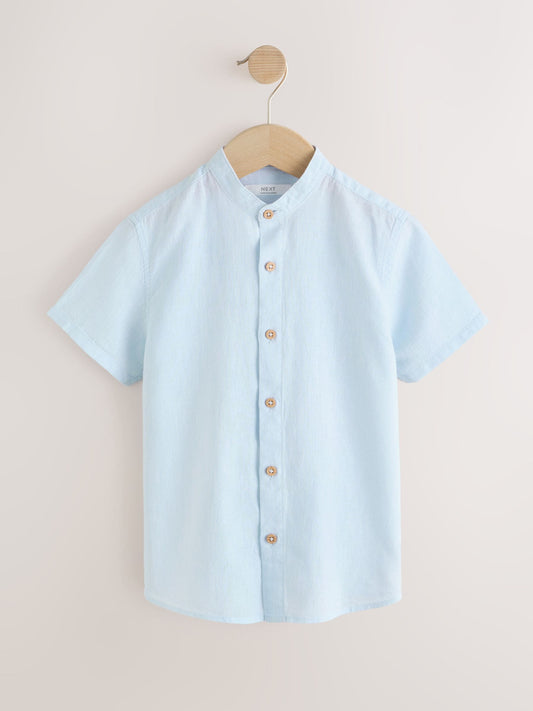 Disney Kidz - Pale Blue Short Sleeve Linen Blend Grandad Collar Shirt (3-16yrs) image 1