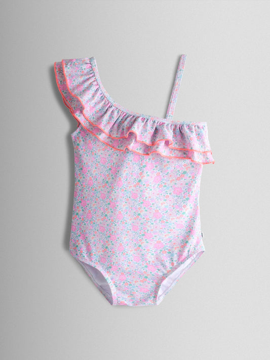 Dsiney Kidz - JoJo Maman Bébé Pink Neon Ditsy Floral Asymmetric Ruffle Swimsuit image 2