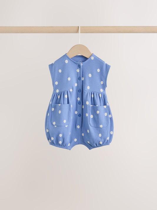 Blue/White Button Through Button Through Baby Rompers 3 Pack image 2