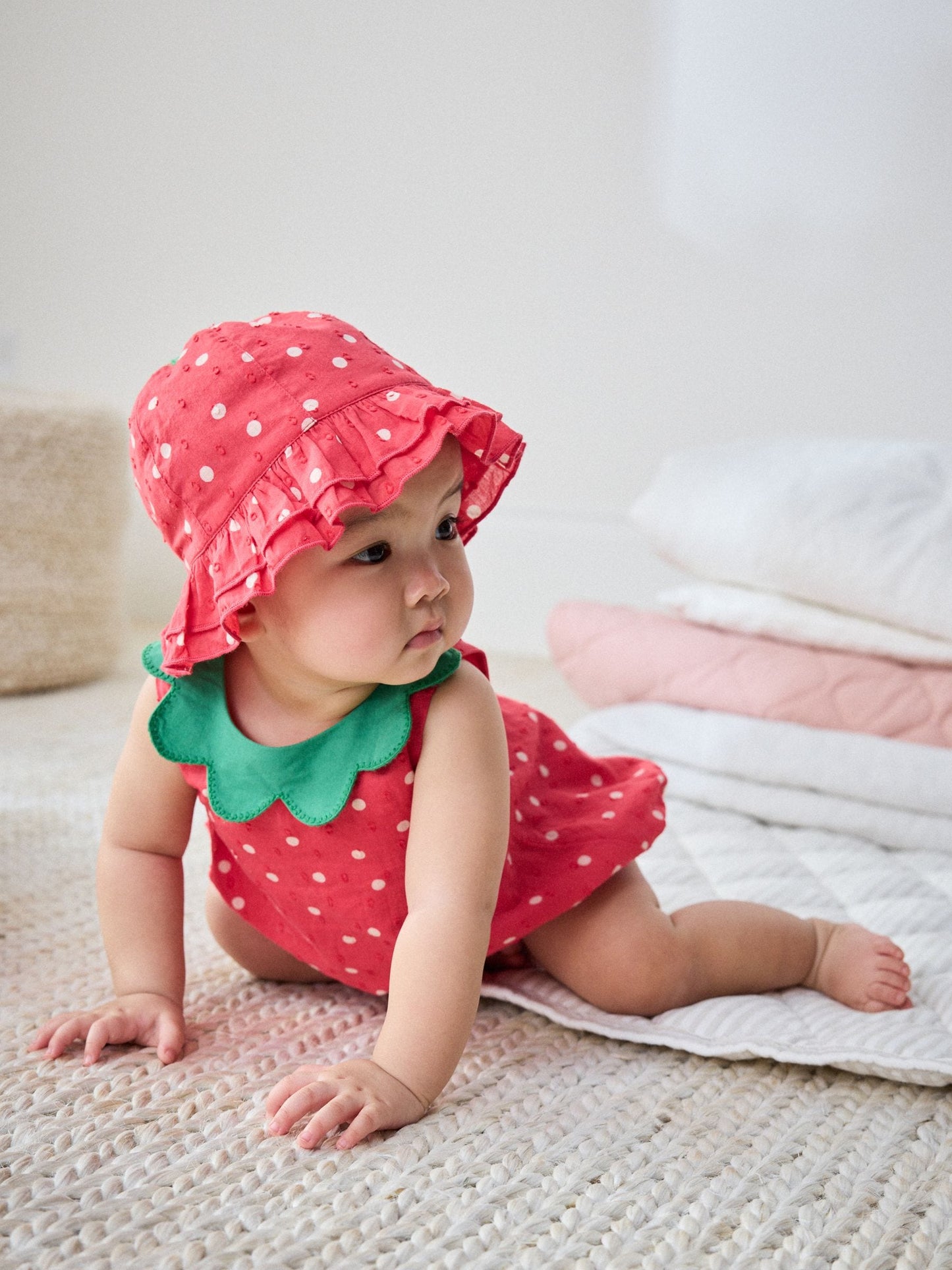 Red Strawberry Printed Woven Baby Romper and Hat Set image 1