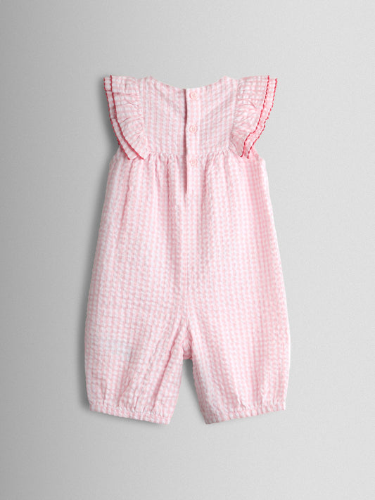 JoJo Maman Bébé Pink Strawberry Frill Shoulder Appliqué Pocket Romper image 2