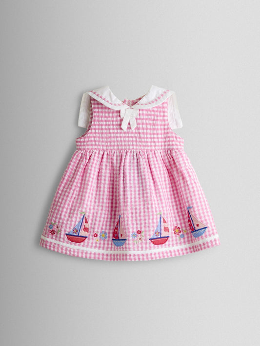 Dsiney Kidz - JoJo Maman Bébé Pink Gingham Nautical Embroidered Sailor Baby Dress image 2