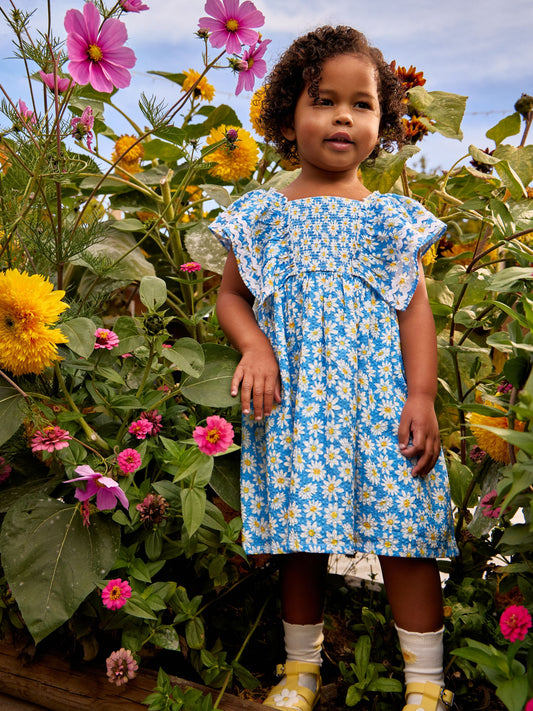 Dsiney Kidz - JoJo Maman Bébé Blue Daisy Seersucker Frill Shoulder Smocked Dress image 2