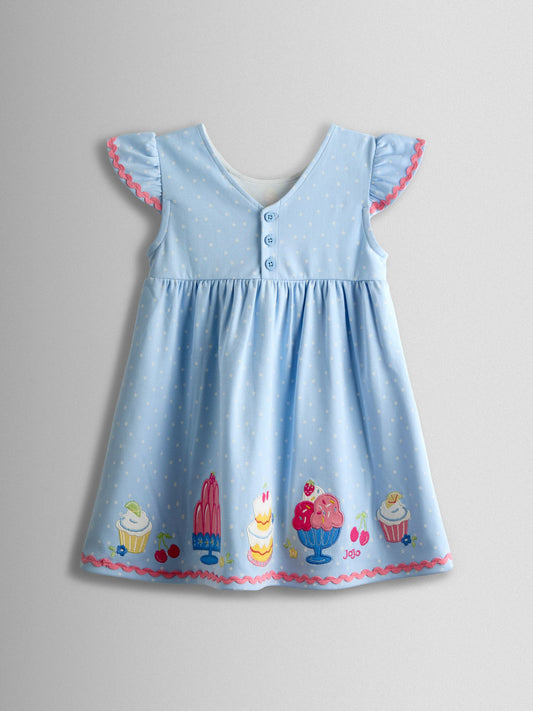 JoJo Maman Bébé Light Blue Cake Appliqué Flutter Sleeve Dress image 2