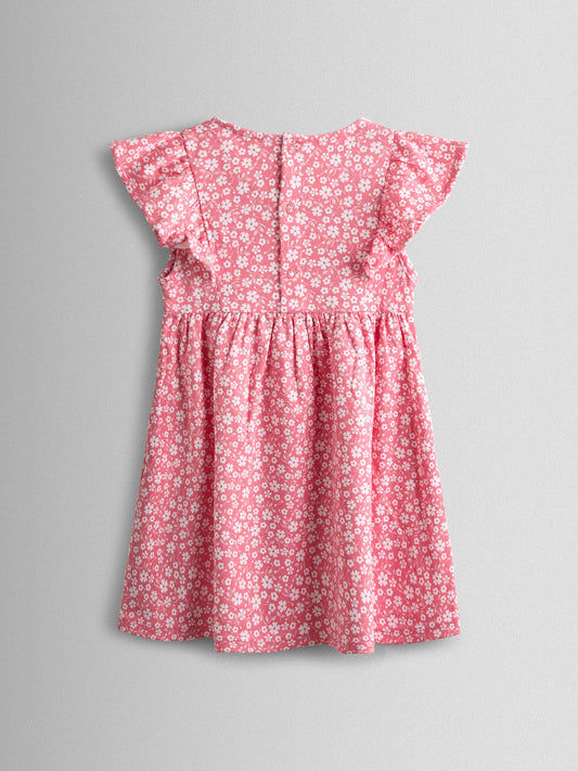 Dsiney Kidz - JoJo Maman Bébé Coral Pink Ditsy Floral Ruffle Sleeve Dress image 2