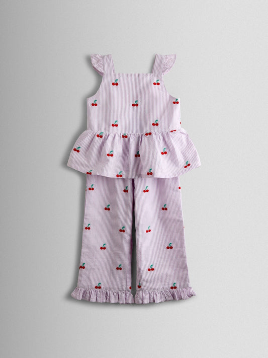 Dsiney Kidz - JoJo Maman Bébé Lilac Purple Cherry Embroidered Sleeveless Blouse and Trouser Set image 2