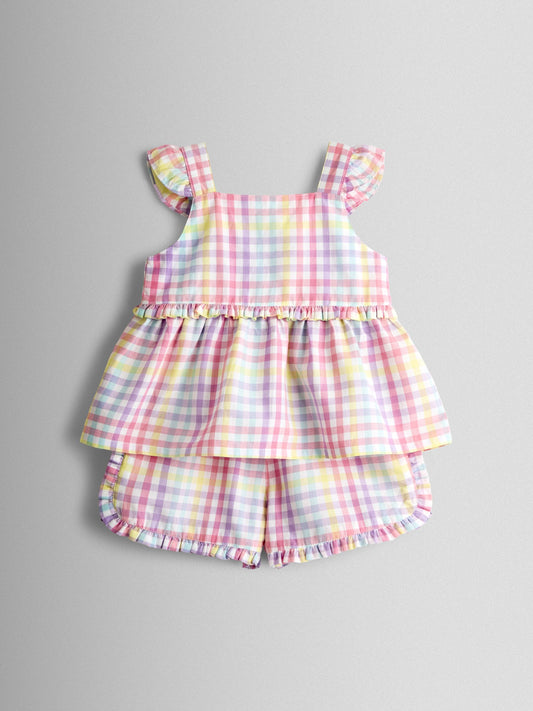 JoJo Maman Bébé White Rainbow Gingham Frill Detail Top & Short Set image 2