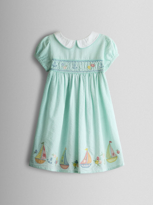Dsiney Kidz - JoJo Maman Bébé Light Green Boat Appliqué Smocked Dress image 2