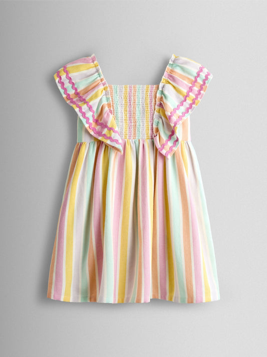 Dsiney Kidz - JoJo Maman Bébé Pink Multi Stripe Frill Shoulder Smocked Dress image 2