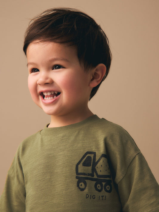 Khaki Green Digger Short Sleeve Back Print T-Shirt and Shorts Set (3mths-7yrs) image 3