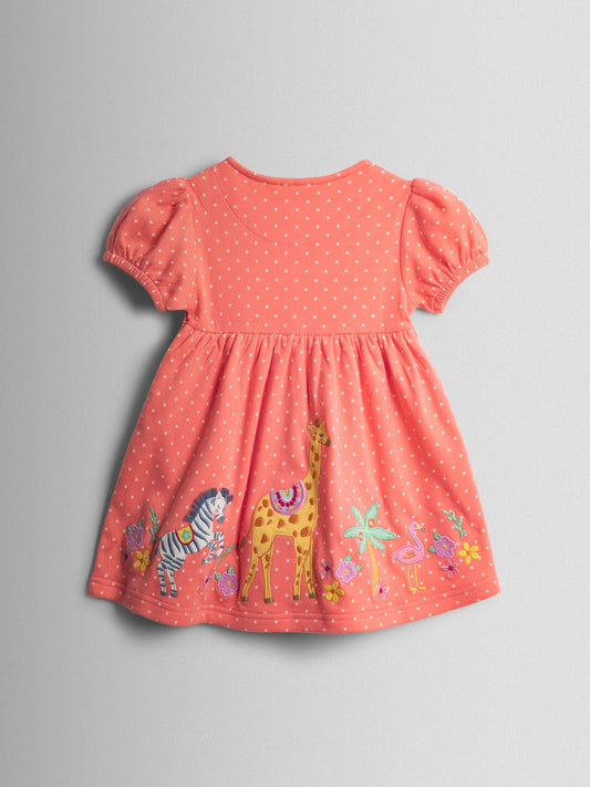 Dsiney Kidz - JoJo Maman Bébé Peach Pink Safari Appliqué Puff Sleeve Button Front Dress image 2