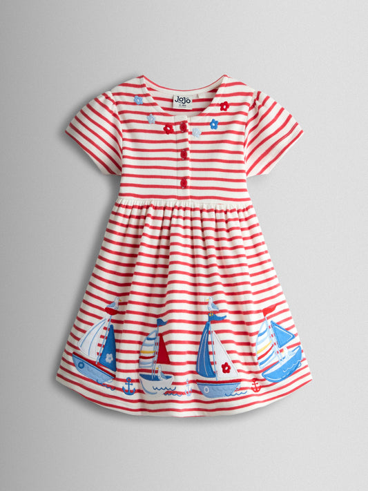JoJo Maman Bébé Red Boat Appliqué Classic Button Front Dress image 2