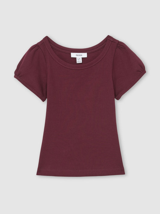 Reiss Burgundy Gracie 3-9 yrs Stretch-Cotton Ribbed Puff-Sleeve Top image 2