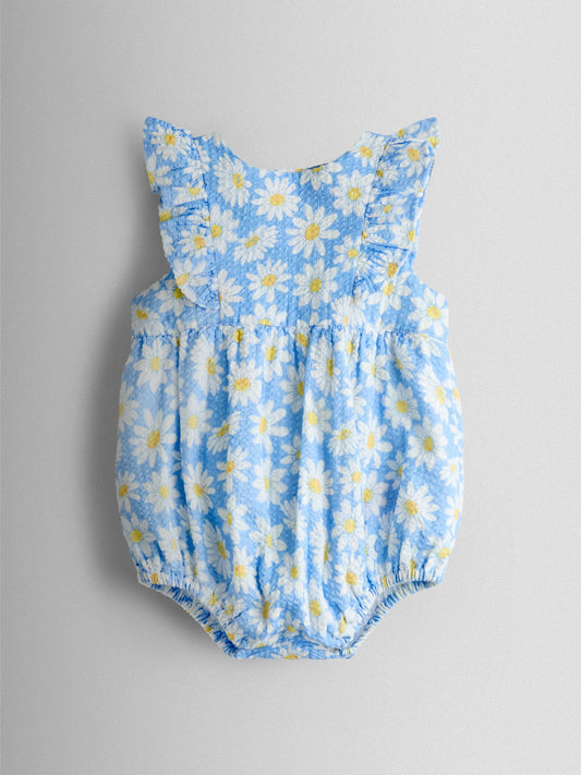 JoJo Maman Bébé Blue Daisy Seersucker Frill Romper & Hat Set image 2
