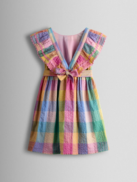 Dsiney Kidz - JoJo Maman Bébé Pink Multi Gingham V-Back Frill Dress image 2