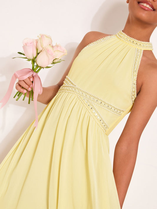 Dsiney Kidz - Lipsy Yellow Teen Embellished Halter Neck Occasion Dress (10-16yrs) image 2