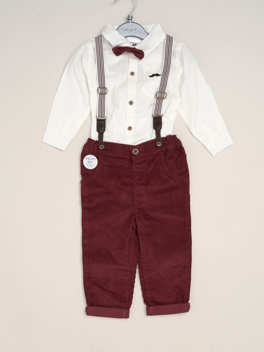 Dsiney Kidz - Little Gent Red Corduroy Bow Tie Mock Shirt And Trousers With Braces Outfit Set image 2