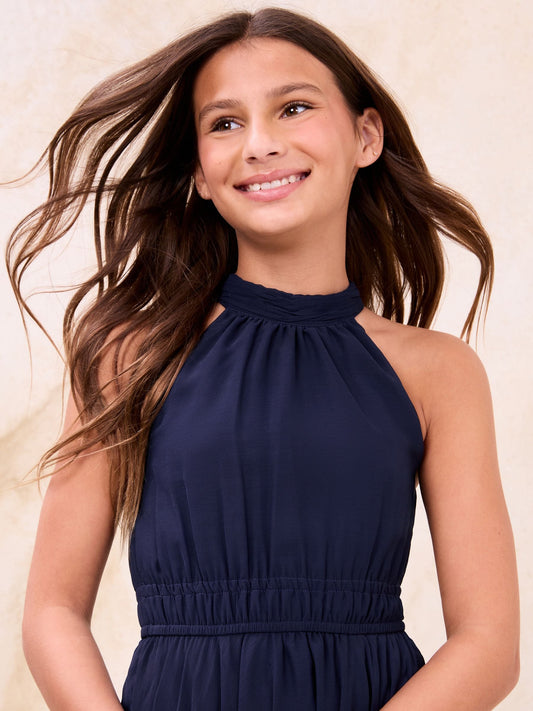 Dsiney Kidz - Lipsy Navy Blue Hanky Hem Halter Occasion Dress (5-16yrs) image 2