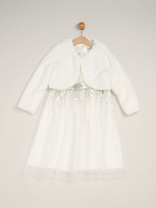 Dsiney Kidz - Miss White Waterfall Sequin Dress And Faux Fur Bolero Set image 2
