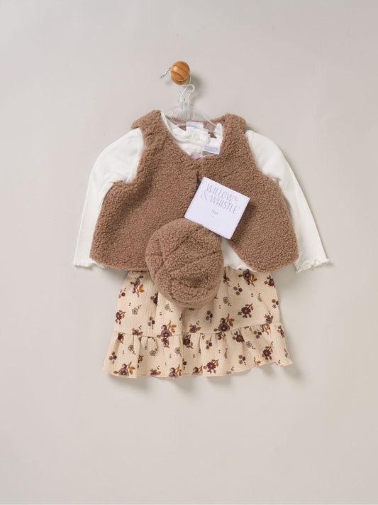 Miss Brown Faux Fur Gilet Beret Rib Top And Skirt Set image 2