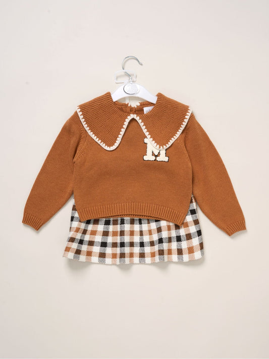 Dsiney Kidz - Miss Brown True Knit Jumper With Woven Collar And Check Skirt Set image 2