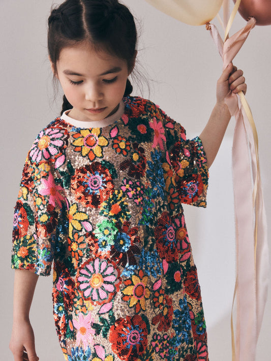 Dsiney Kidz - Multi Pink Floral Sequin T-Shirt Dress (3-16yrs) image 2