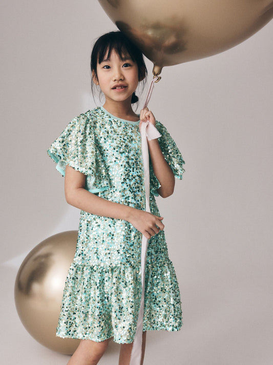Dsiney Kidz - Mint Green Angel Sleeve Sequin Peplum Party Dress (3-16yrs) image 2