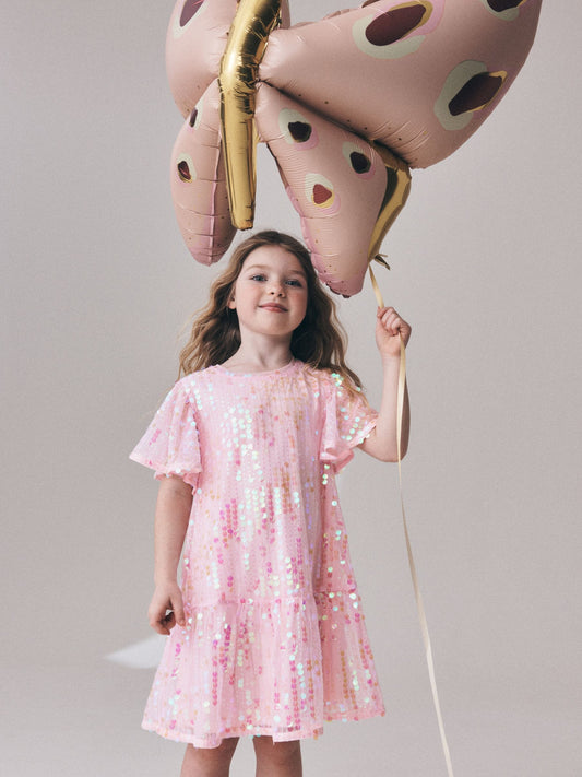 Dsiney Kidz - Pink Angel Sleeve Sequin Peplum Party Dress (3-16yrs) image 2