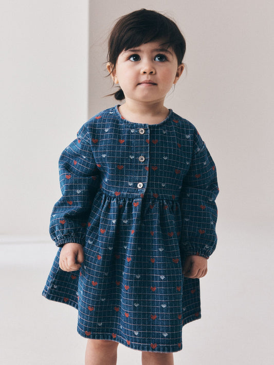 Dsiney Kidz - Blue Denim Jaquard Heart Denim Long Sleeve Dress (3mths-8yrs) image 2
