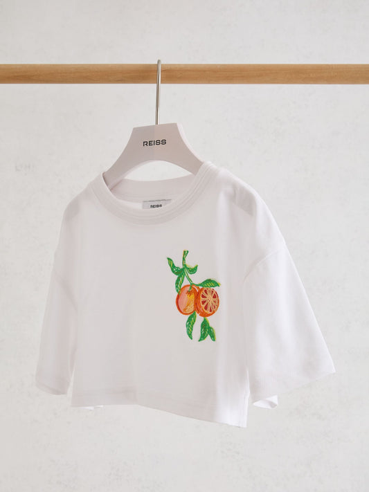 Reiss White Bertie 3-9 yrs Cotton Embroidered Cropped T-Shirt image 2