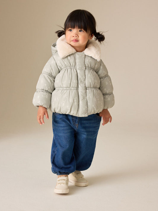 Dsiney Kidz - Sage Green Floral Shower Resistant Faux Fur Collar Padded Coat (3mths-7yrs) image 2