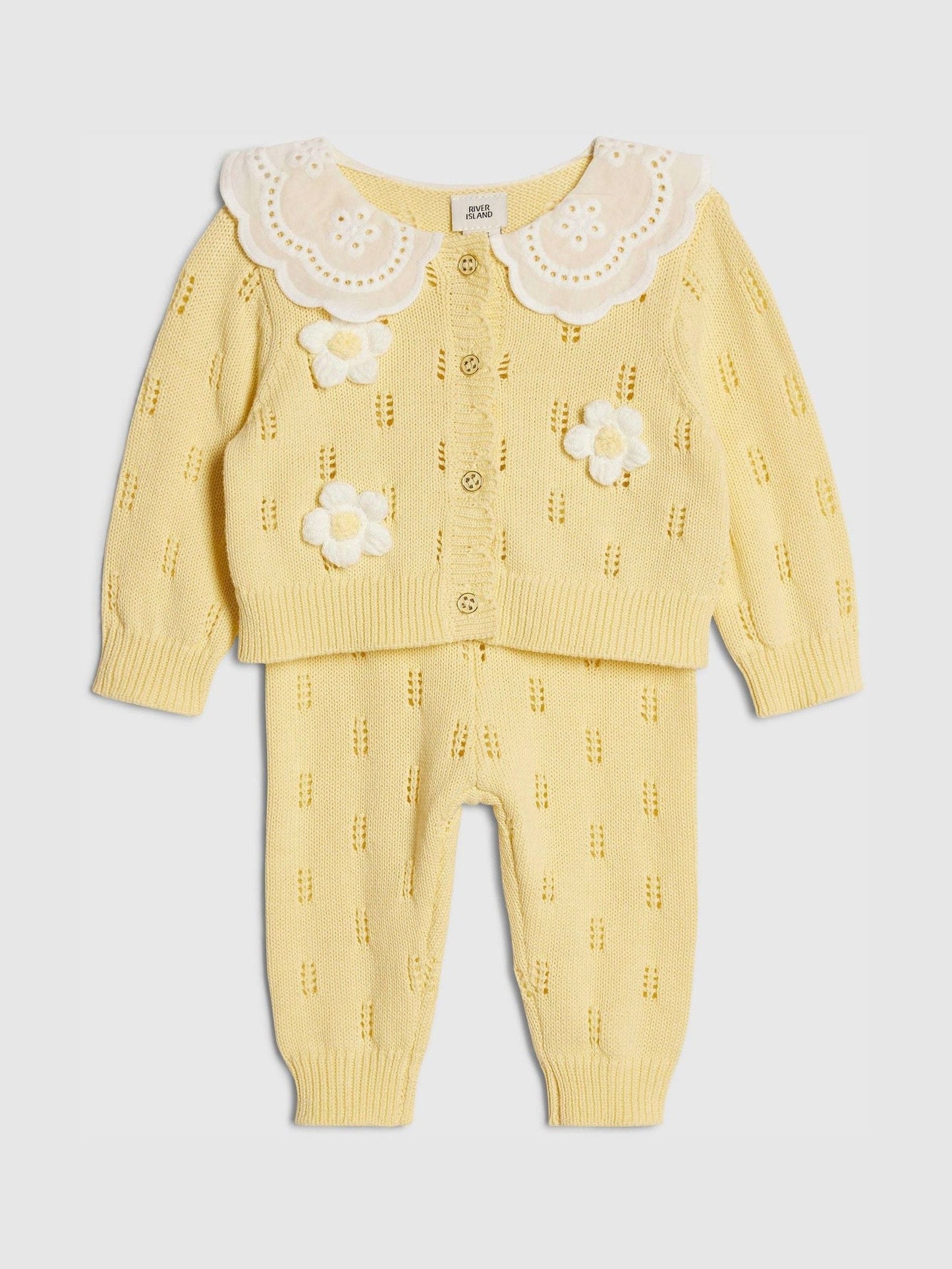 River Island Yellow Broderie Daisy Knitted Cardigan & Leggings Set image 5