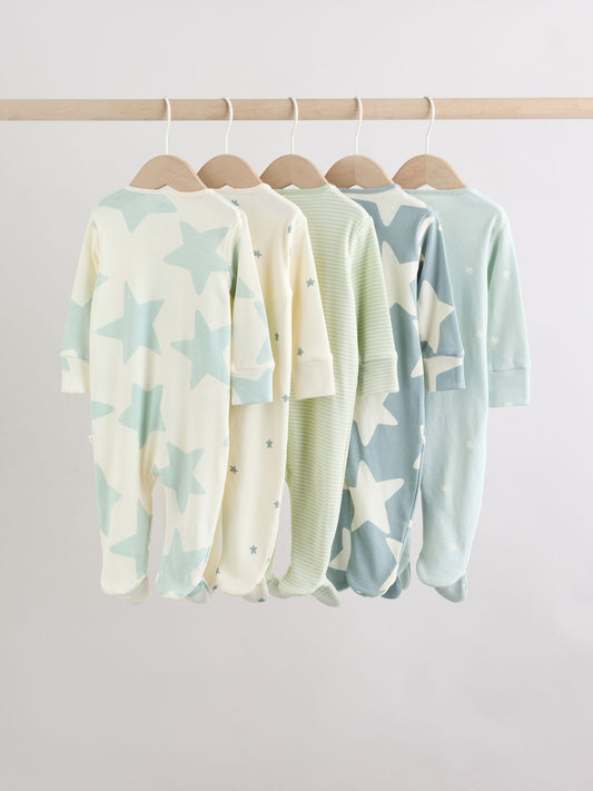 Green Star Two Way Zip Baby Sleepsuits 5 Pack (0-2yrs) image 2