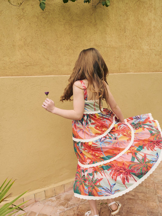 Dsiney Kidz - Angel & Rocket Pink Kinsley Palm Print Lace Trim Tiered Dress image 2
