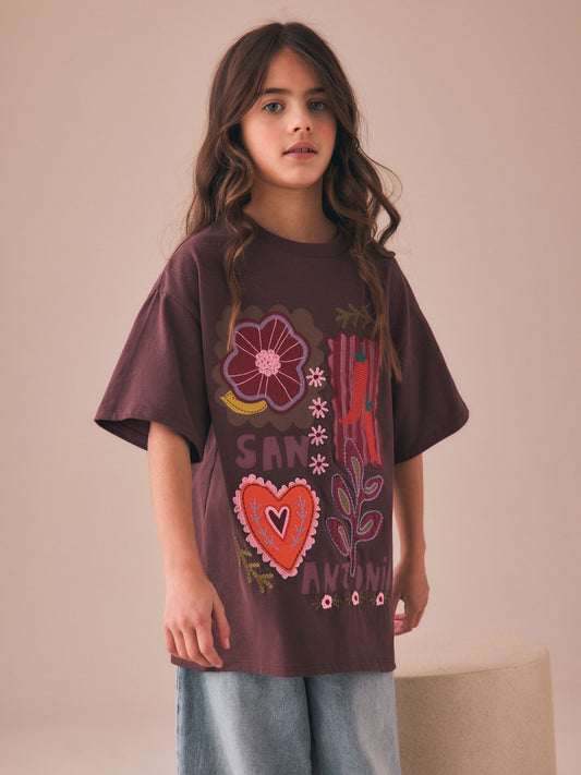 Dsiney Kidz - Chocolate Brown Embroidered Oversized T-Shirt (3-16yrs) image 2