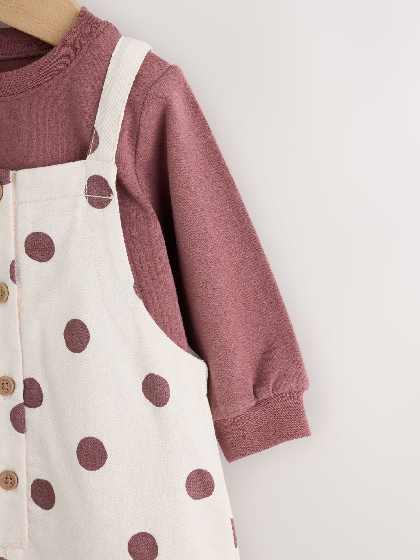 Brown/Cream Spot Baby Long Sleeve Bodysuit And Woven Dungaree 2 Piece Set (0mths-2yrs) image 7