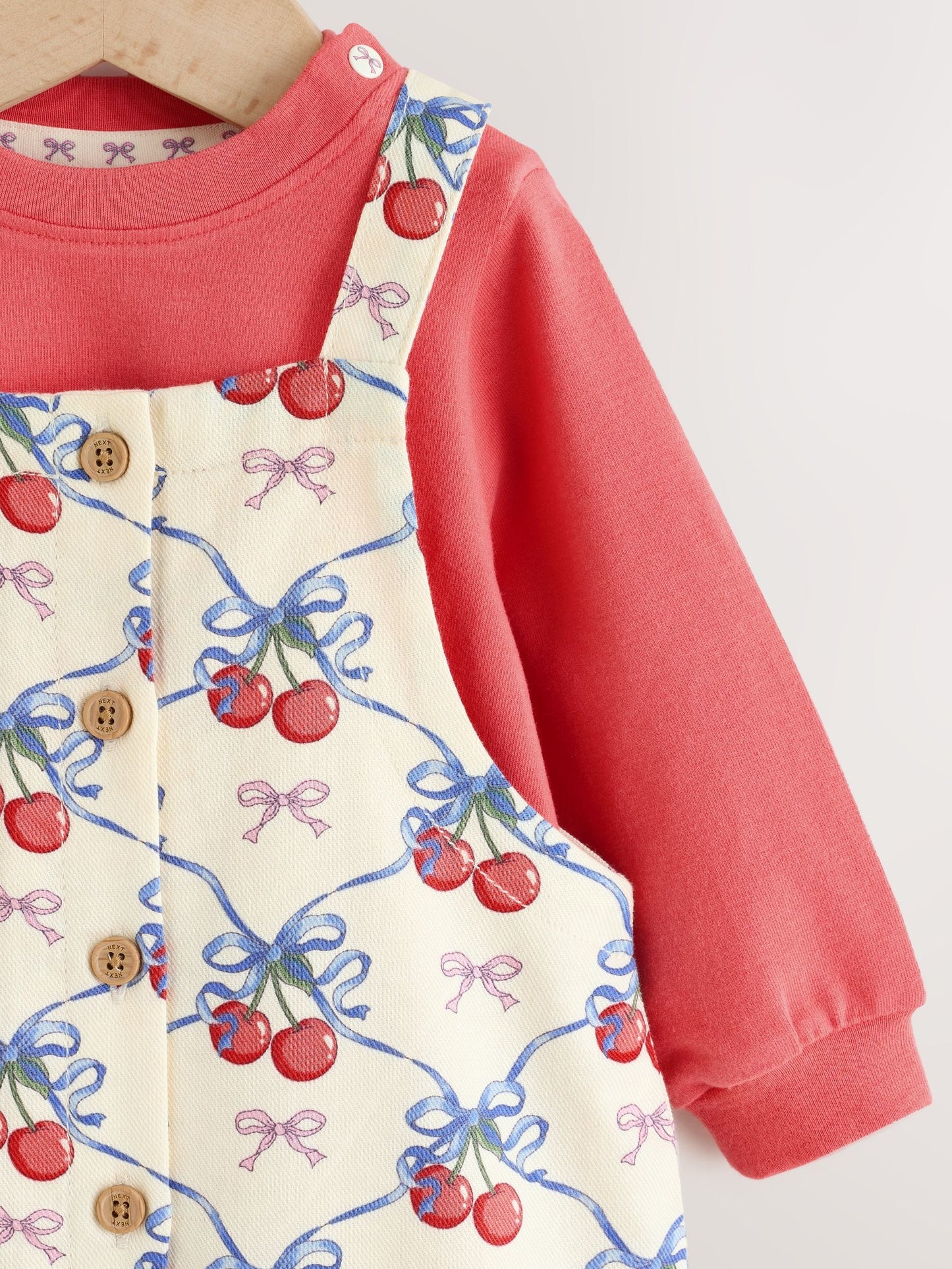 Ecru Cherry Baby Long Sleeve Bodysuit And Woven Dungaree 2 Piece Set (0mths-2yrs) image 7