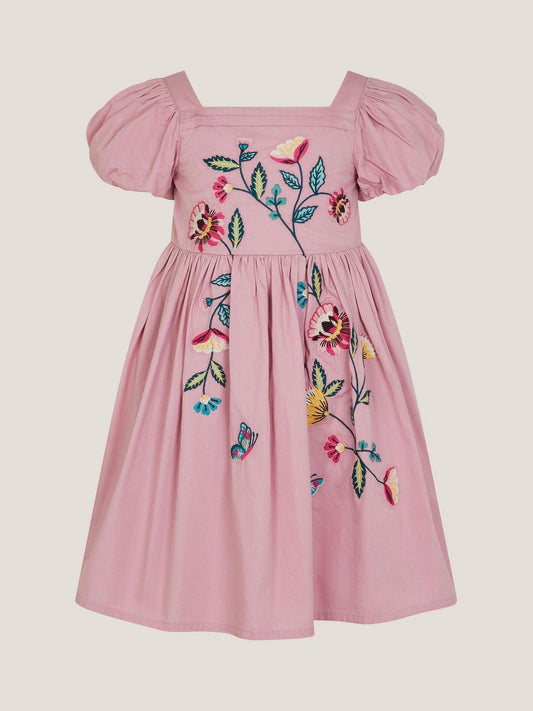 Monsoon Pink Floral Embroidered Puff Sleeve Dress image 2