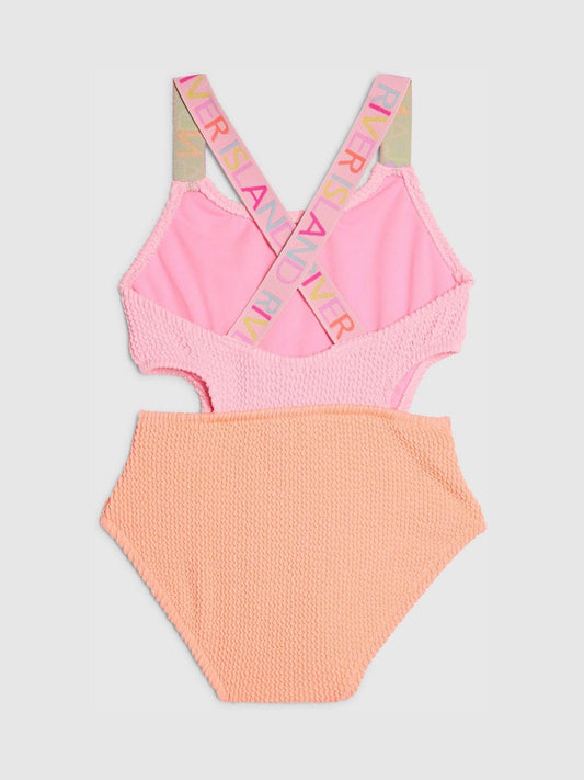 Dsiney Kidz - River Island Pink/Orange Colour Block Textured Logo Swimsuit image 2