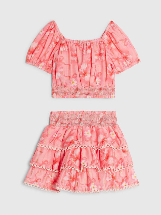 Dsiney Kidz - River Island Pink Hibiscus Bow Puff Sleeve Top & Rara Skirt Set image 2