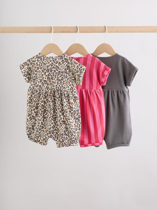 Pink and Leopard Printed Button T-Shirt Jersey Baby Rompers 3 Pack image 2