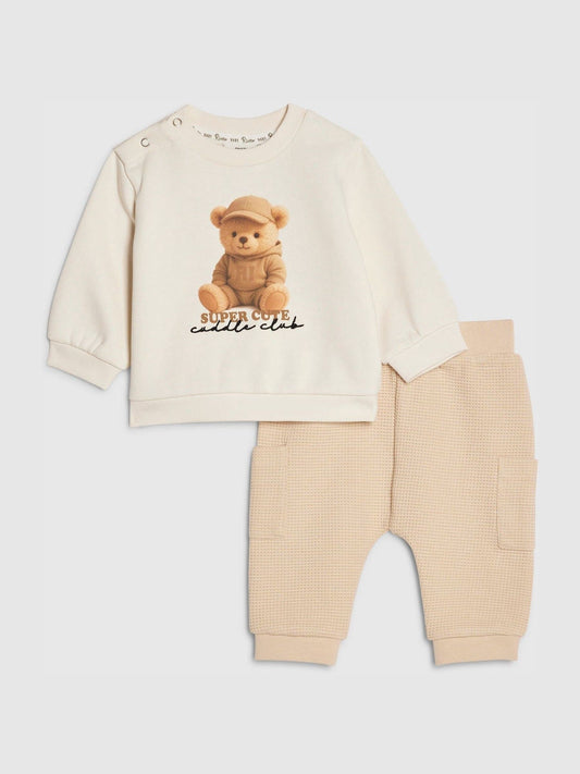 River Island Cream Super Cute Bear Sweatshirt & Jogger Set image 2