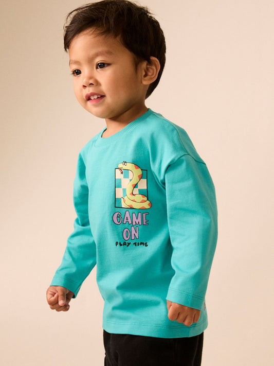 Dsiney Kidz - Teal Blue Snakes & Ladders Long Sleeve Back Graphic T-Shirt (3mths-10yrs) image 2