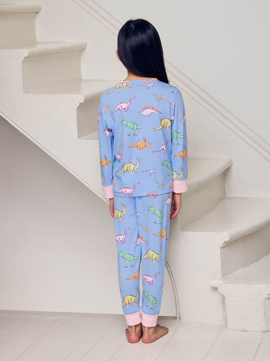 Chelsea Peers Blue Kids Jurassic Dinosaur Print Long Pyjamas Set - image 2