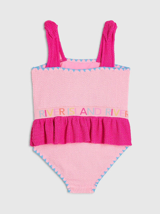 Dsiney Kidz - River Island Pink Logo Textured Frill Swimsuit image 2