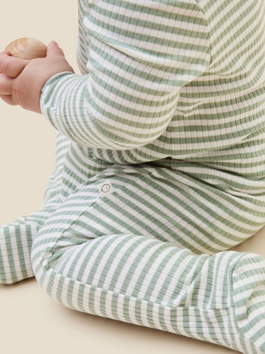 MORI Green Supersoft Ribbed Stripe Two Way Zip-Up Sleepsuit image 2