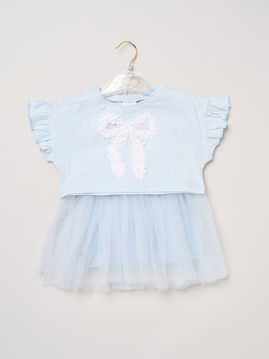 Dsiney Kidz - Miss Light Blue Bow Applique Short Sleeve T-Shirt And Tutu Skirt Outfit Set image 2