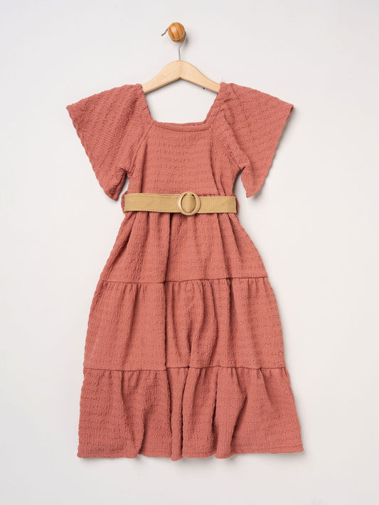Dsiney Kidz - Miss Red Textured Dress And Belt Outfit Set image 2