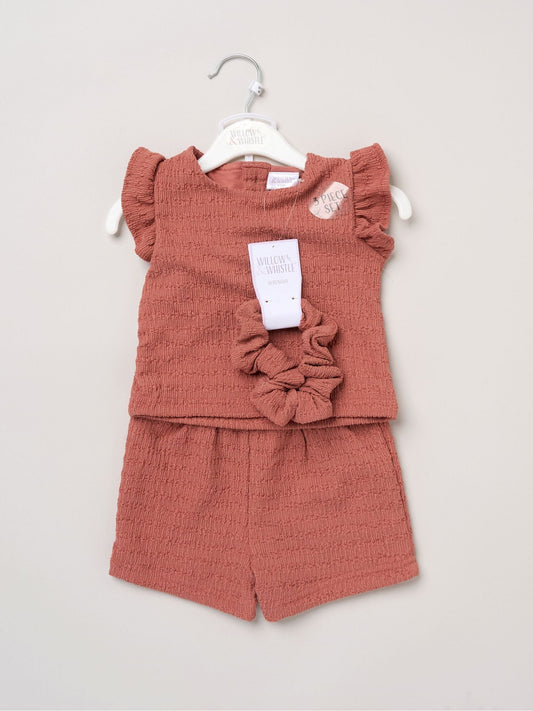 Dsiney Kidz - Miss Red Textured Top Shorts And Scrunchie Outfit Set image 2