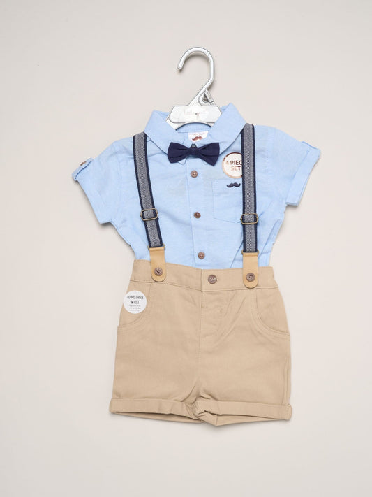 Little Gent Blue Mock Shirt Bodysuit Shorts And Bowtie Outfit Set image 2